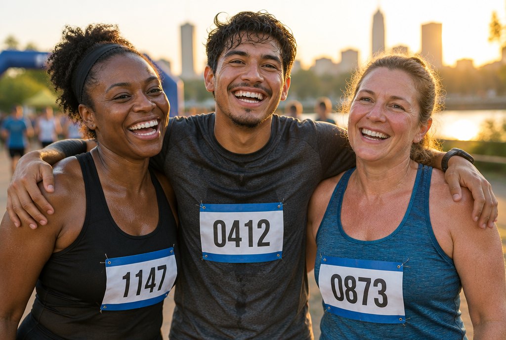 Three runners crossing the line together wearing numbered bibs