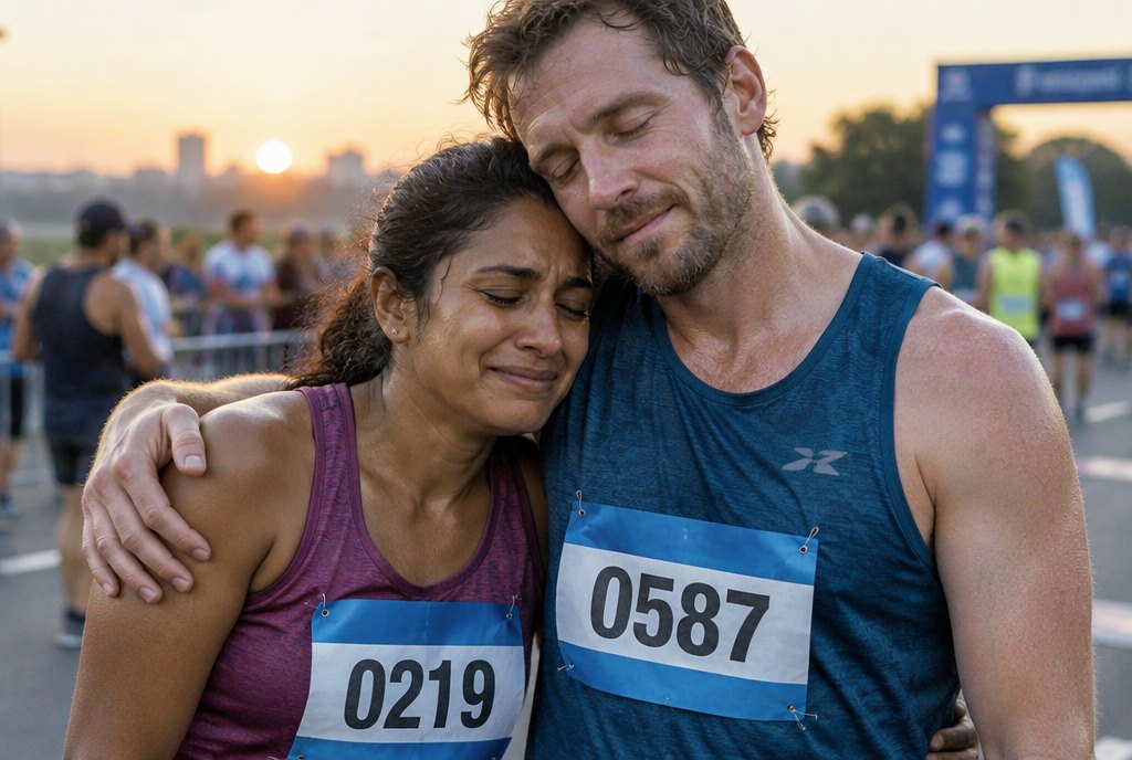 Two runners embracing just past a race finish line