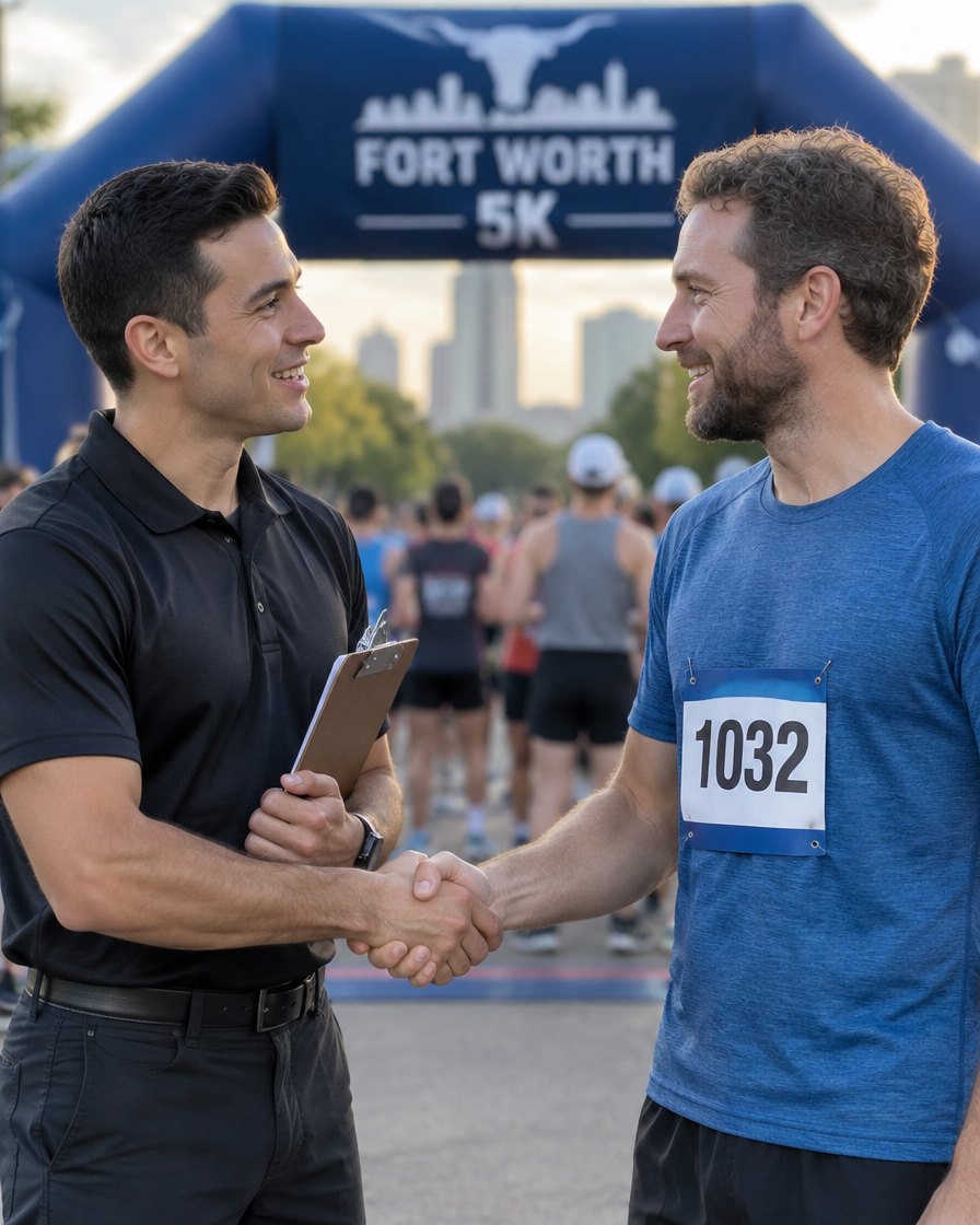 A race official and a runner shaking hands before a RUNROO 5K