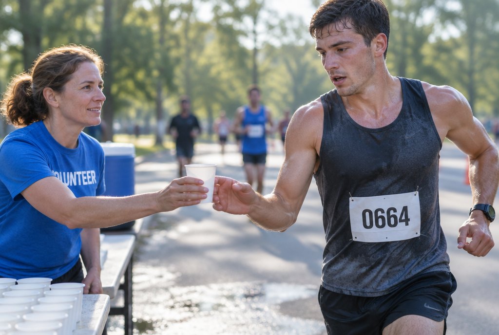 A volunteer handing a cup of water to a runner at a race water station