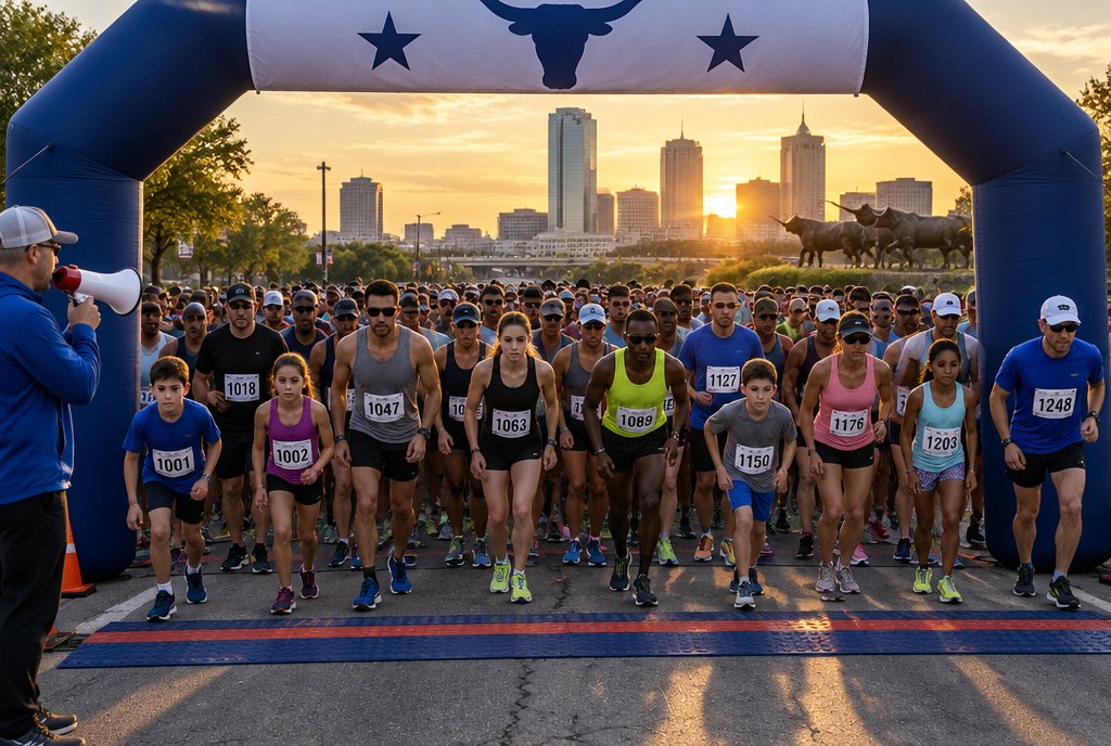A sunrise start line pack under the arch, runners in numbered bibs waiting for the horn
