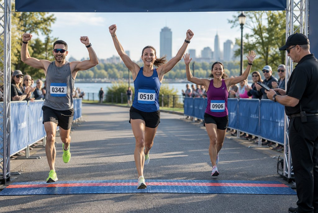 Runners crossing the finish chute over the timing mat, numbered bibs visible