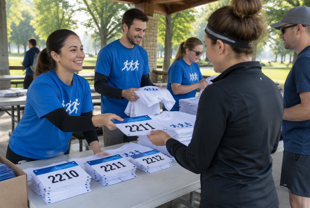 Volunteers handing race packets to runners at a pickup table