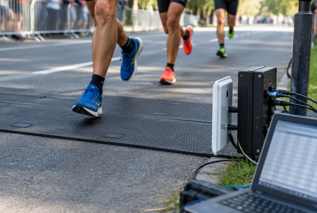 An RFID timing mat across the road with a results laptop at the side