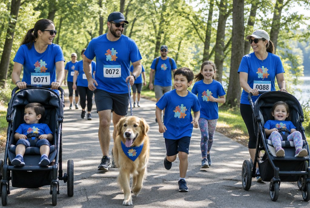 Families and runners in numbered bibs moving together along the course at a RUNROO race
