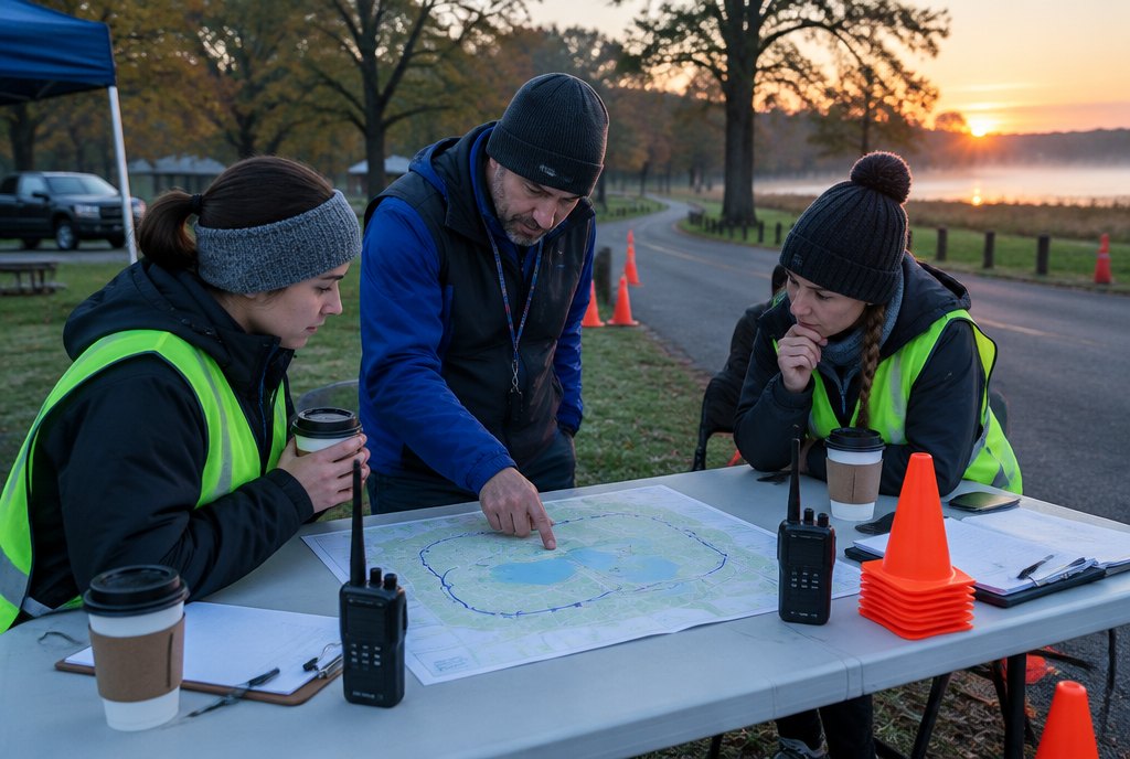 Course map and race plan spread out on a table before sunrise