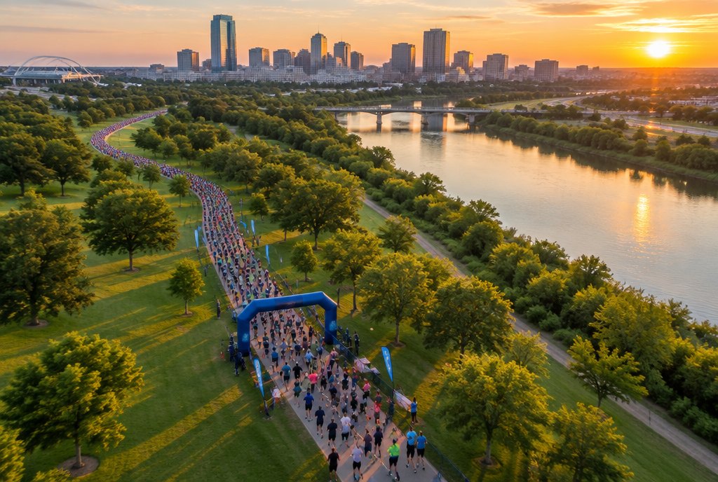 Aerial view of a race course winding through a Fort Worth park at golden hour