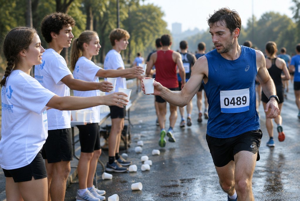 Volunteers at a water station holding cups out for approaching runners