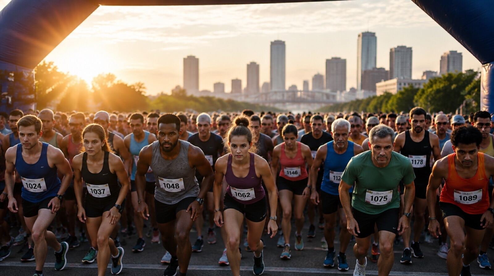 A sunrise start pack under the race arch with the Fort Worth skyline behind