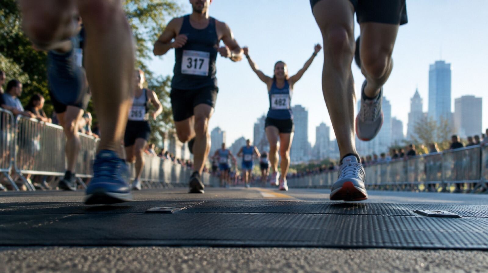 A low angle of running feet crossing the RFID timing mat with a finisher raising both arms behind