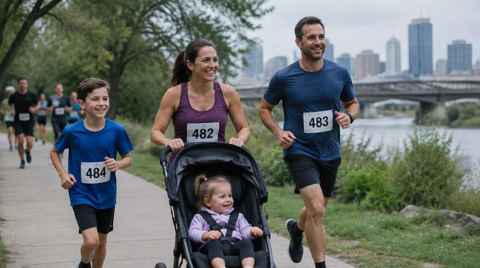 A family pushing a jogging stroller along the river trail during a 5K