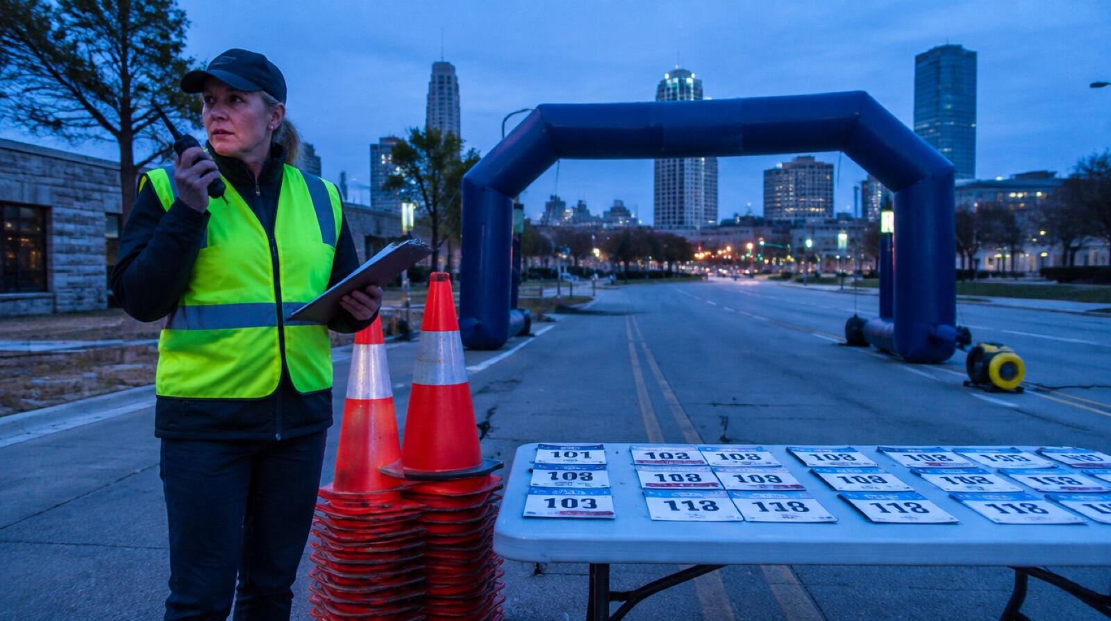 A race director in a high visibility vest at dawn beside cones, a bib table and an inflating start arch