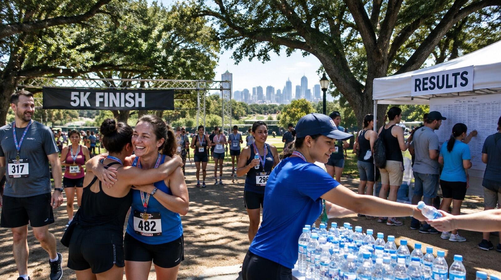 Finish festival with runners hugging, a volunteer handing out water and the results tent behind