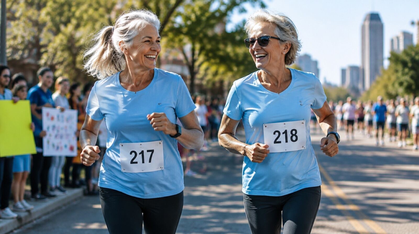 Two women in their sixties laughing together partway through the race