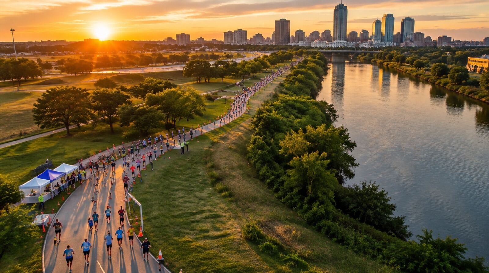 An aerial view of the course along the Trinity River at golden hour