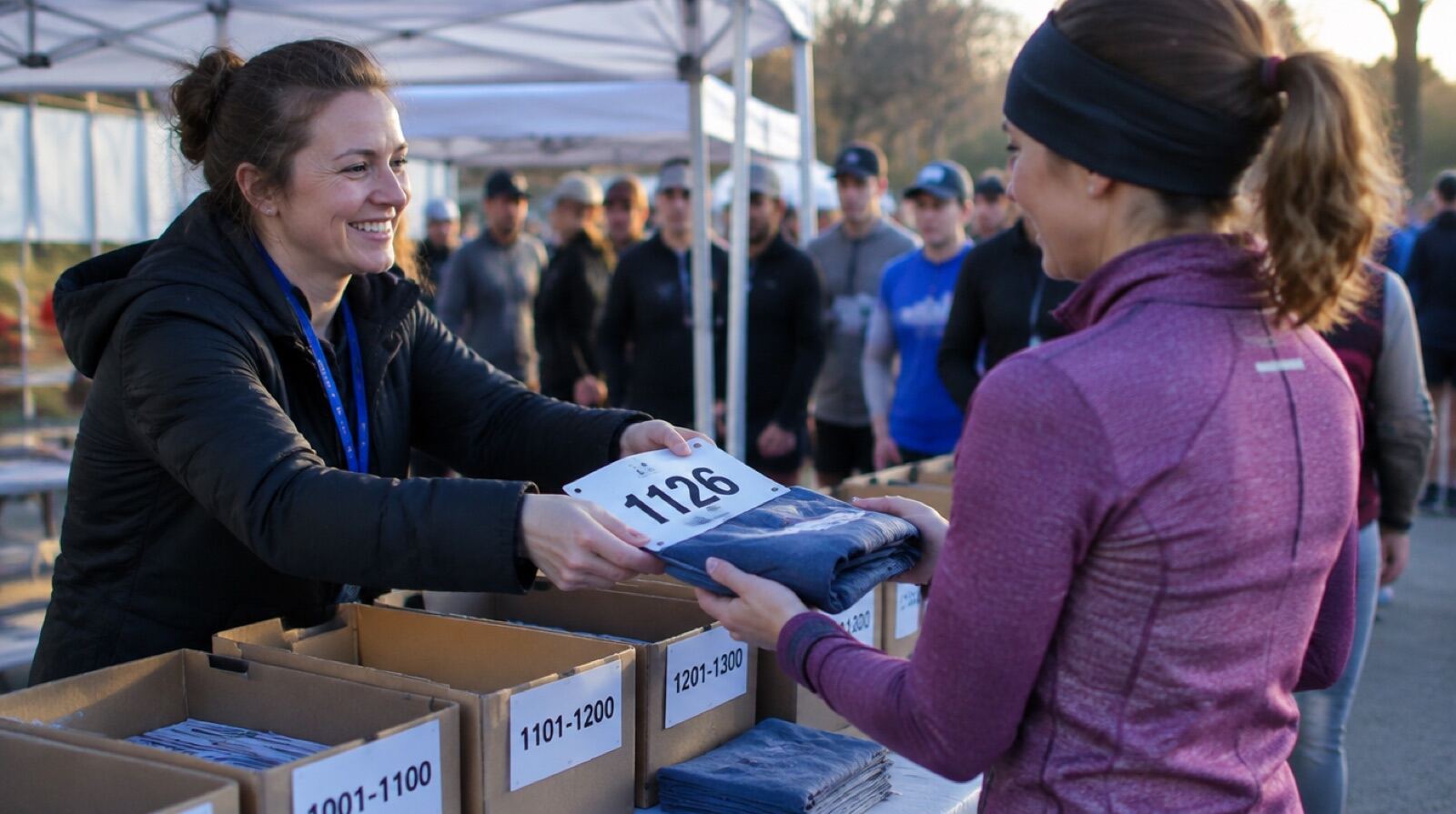 A packet pickup handoff over a table of bib boxes sorted by number range