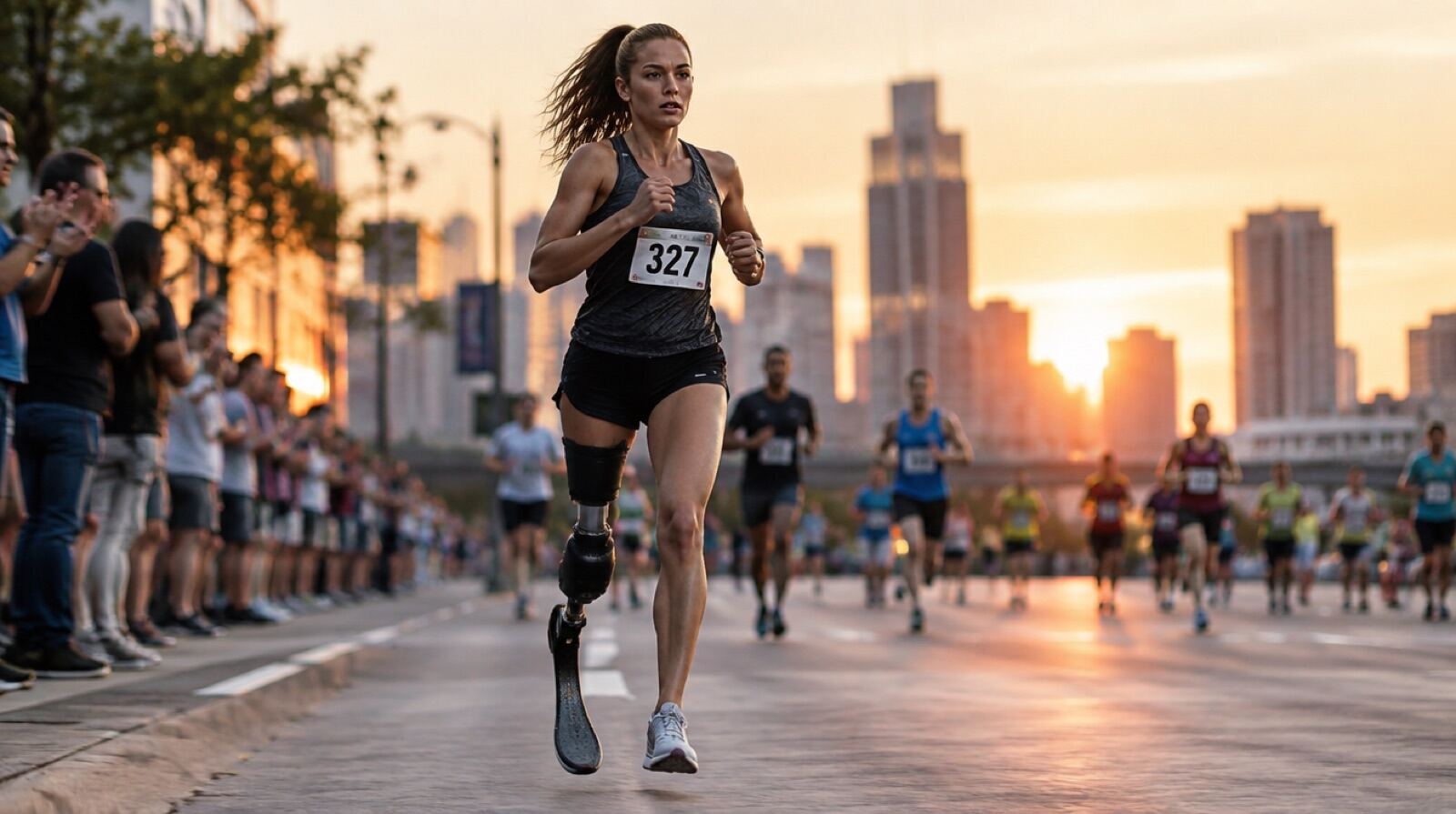 A woman running on a running blade with the Fort Worth skyline behind her at sunrise
