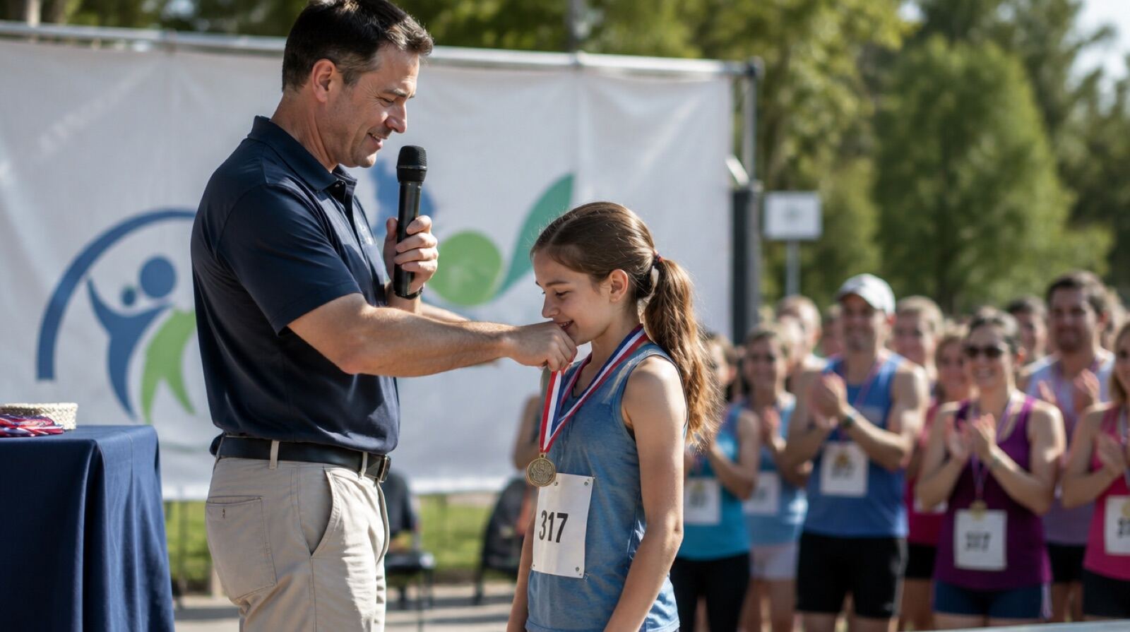 An announcer placing a medal around a young girl's neck at the awards stand