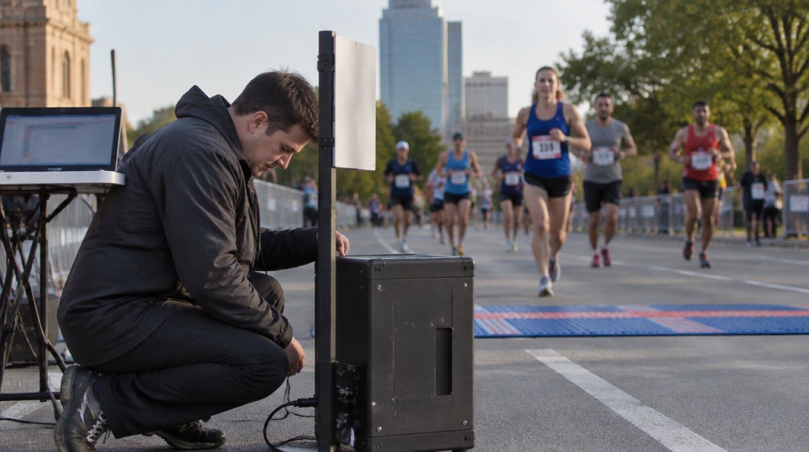 A timing technician at the finish box working a laptop while finishers come through behind