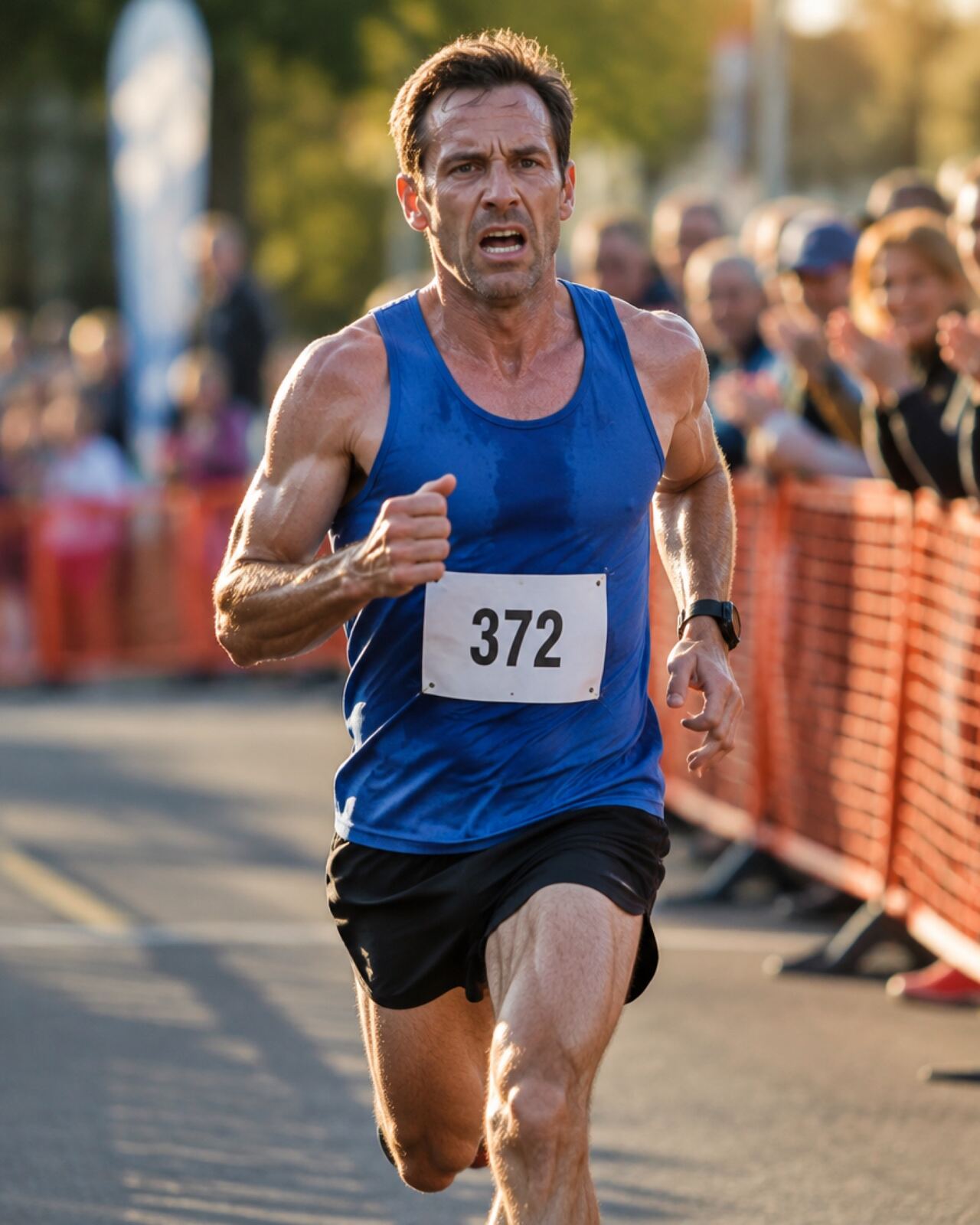 A man sprinting through the finish chute with his numbered bib clearly visible