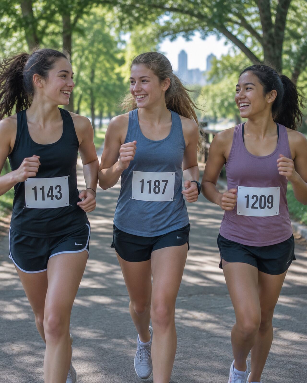 Three teenage friends running the race side by side