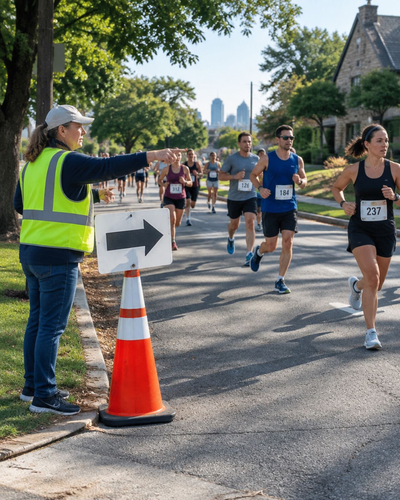A course marshal in a vest pointing runners through a turn