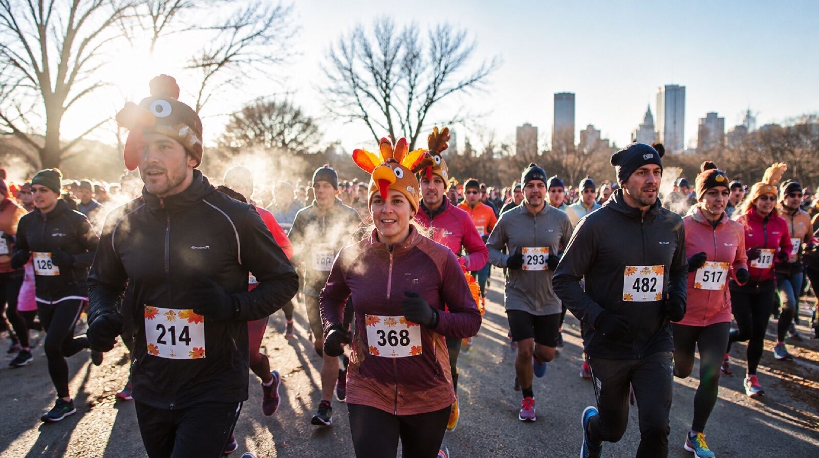 A turkey trot crowd in turkey hats on a cold morning with breath visible in the air