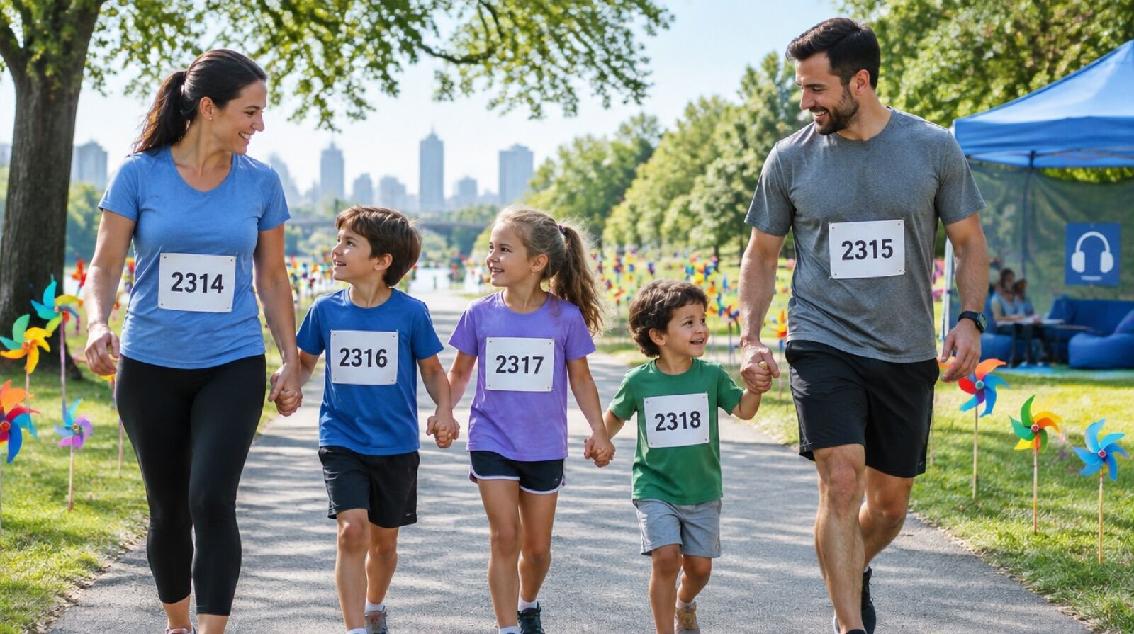 Families at an autism awareness fun run carrying pinwheels