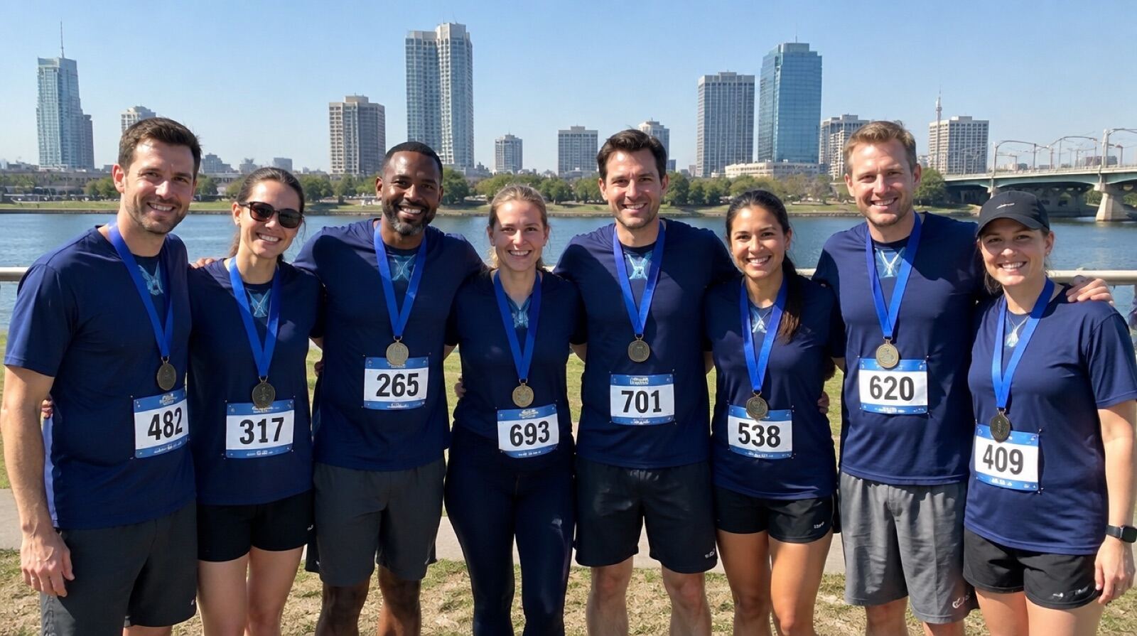 A corporate team of eight wearing finisher medals with the skyline behind them