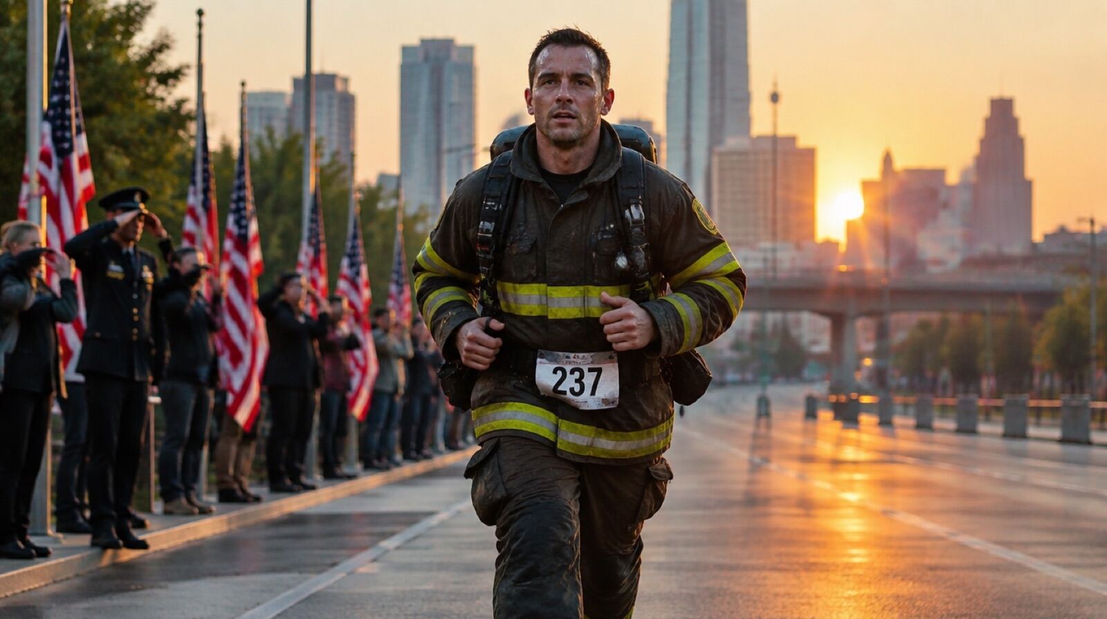 A firefighter in full turnout gear running past a line of flags at sunrise