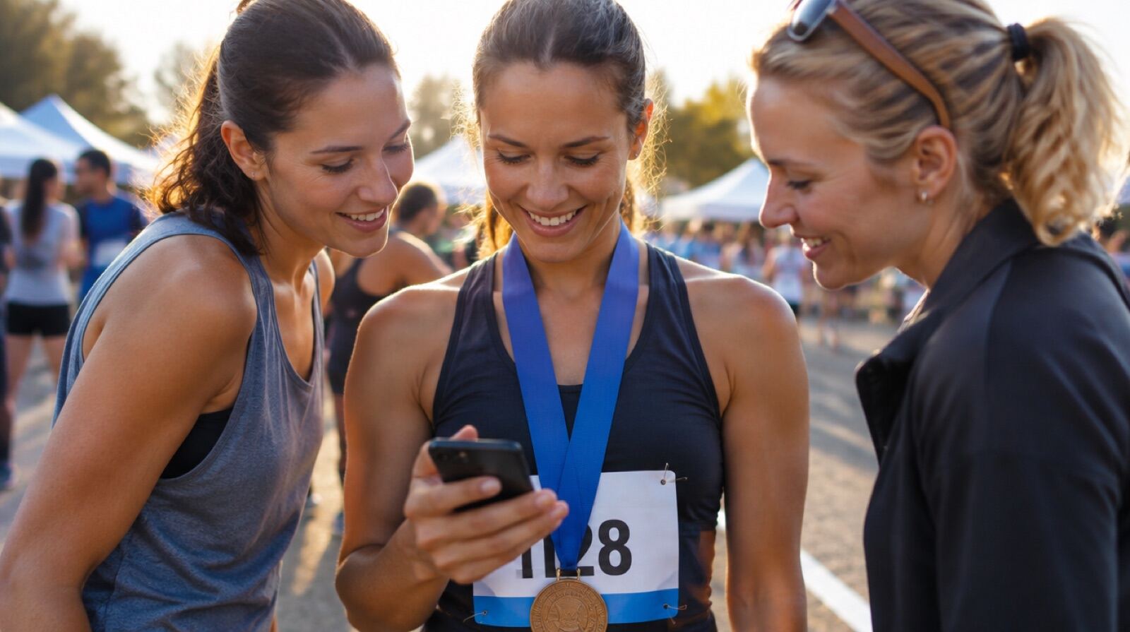 A runner reading her result text message while friends lean in to look