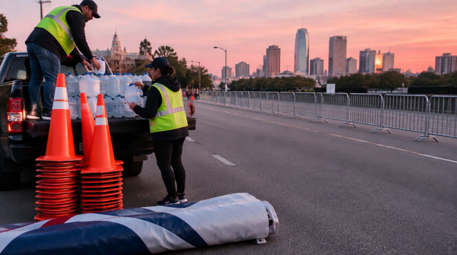 Volunteers unloading water jugs and cones from a pickup truck at dawn