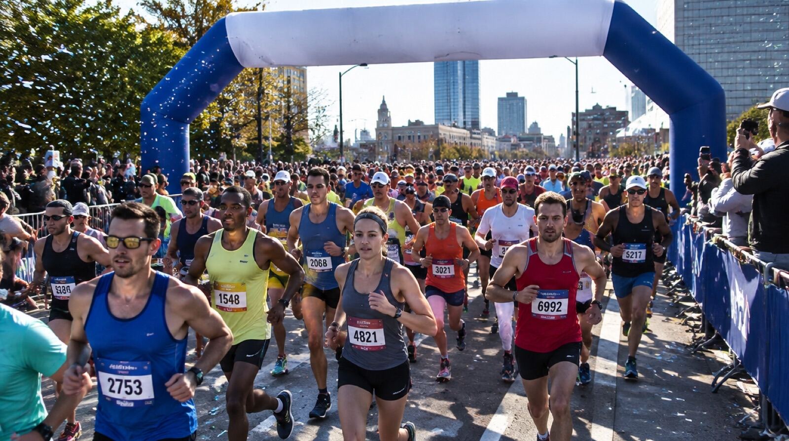 A wave of runners pouring through the start arch after the horn as confetti falls