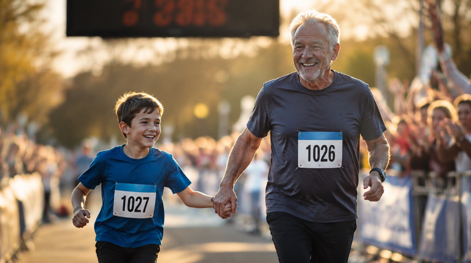 A grandfather and grandson crossing the finish line holding hands