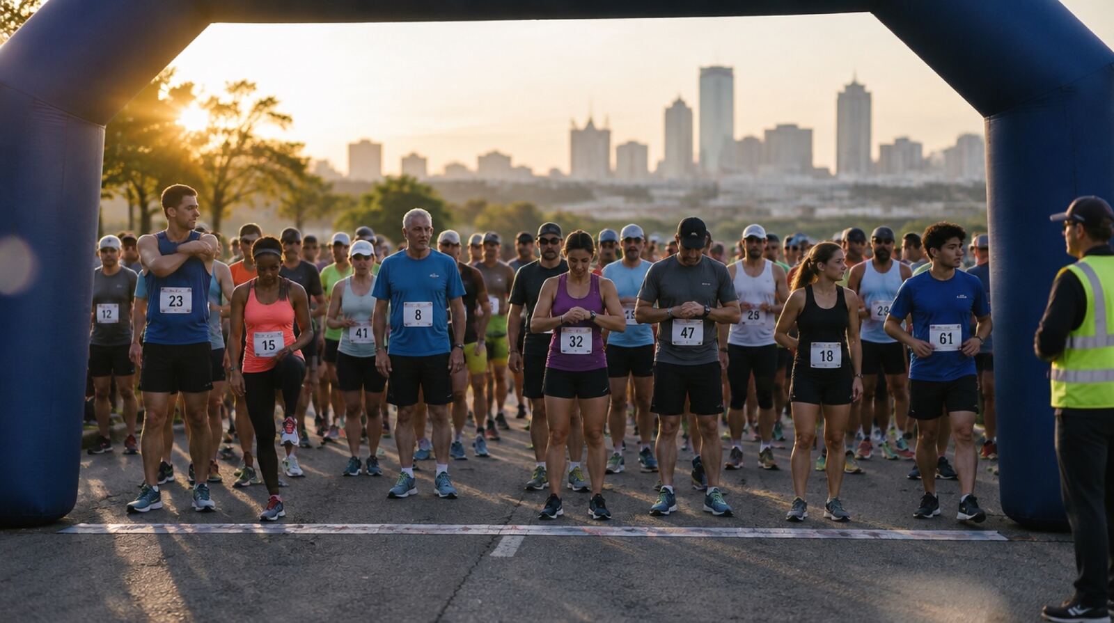 Runners in numbered bibs waiting at the start line under the race arch at sunrise, the skyline behind them